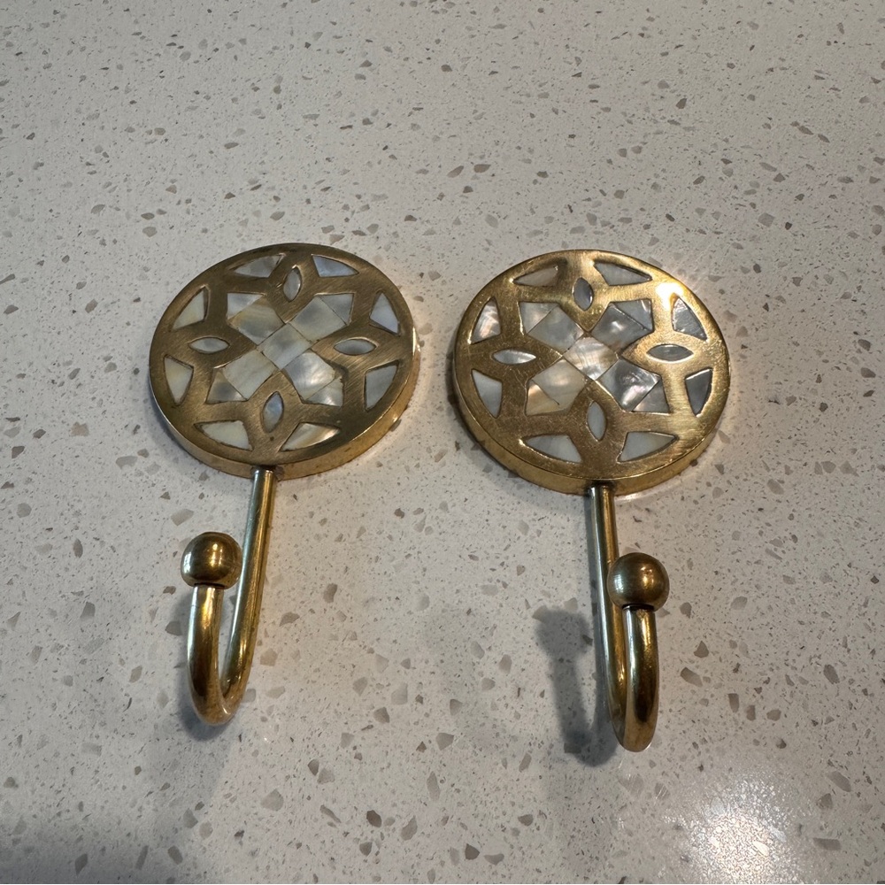 Brass Wall Hooks with Mother-of-Pearl Inlay - Set of 2